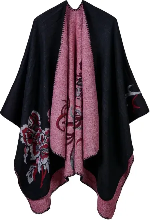 Womens Retro Warm Shawls Poncho Cape Floral Printed Open Front Cardigans Sweater