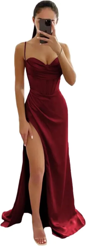 Women's Satin Prom Dresses 2025 Slit for Women Long Formal Gowns Mermaid Evening Party Dress PU049