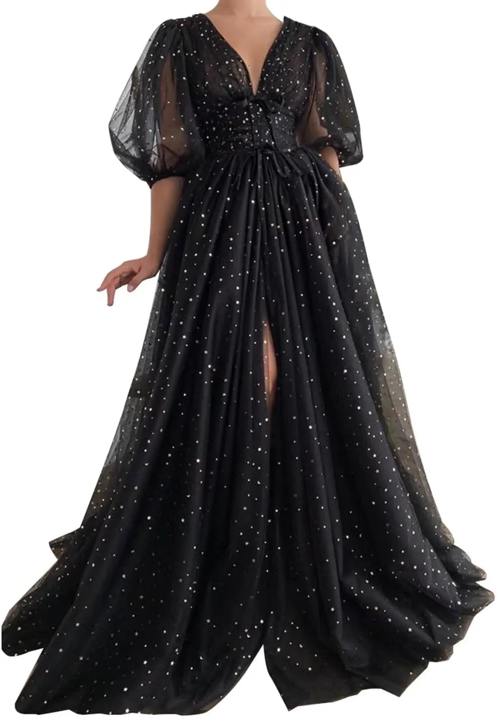 Women's Sparkle Starry Tulle Prom Dresses Puffy Sleeve Evening Gowns Long Slit Formal Party Dress with Pockets