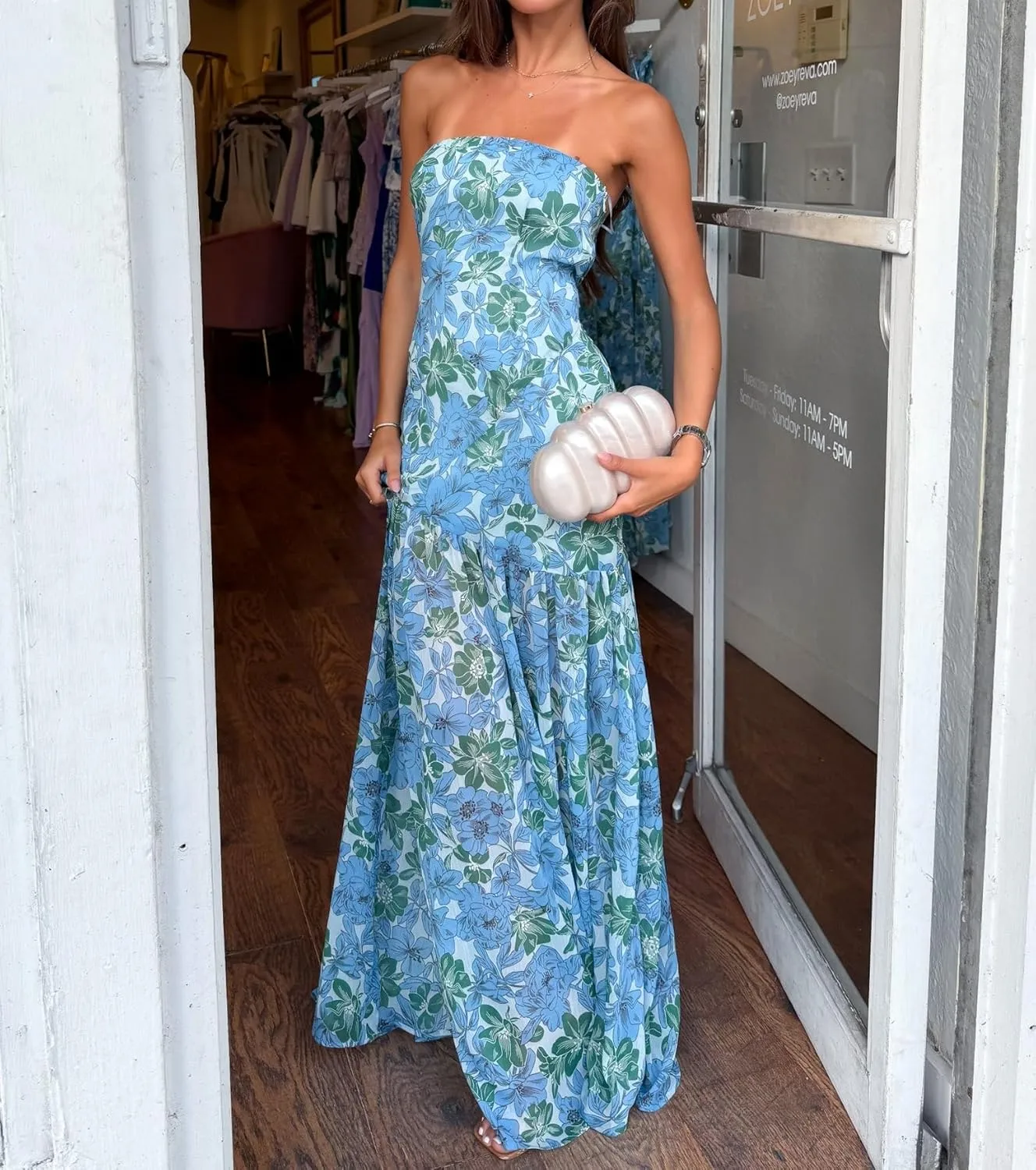 Womens Strapless Maxi Dress Floral Mesh Backless Bodycon Tube Long Dress Sexy Ruched Flowy Split Evening Gowns