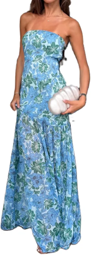 Womens Strapless Maxi Dress Floral Mesh Backless Bodycon Tube Long Dress Sexy Ruched Flowy Split Evening Gowns