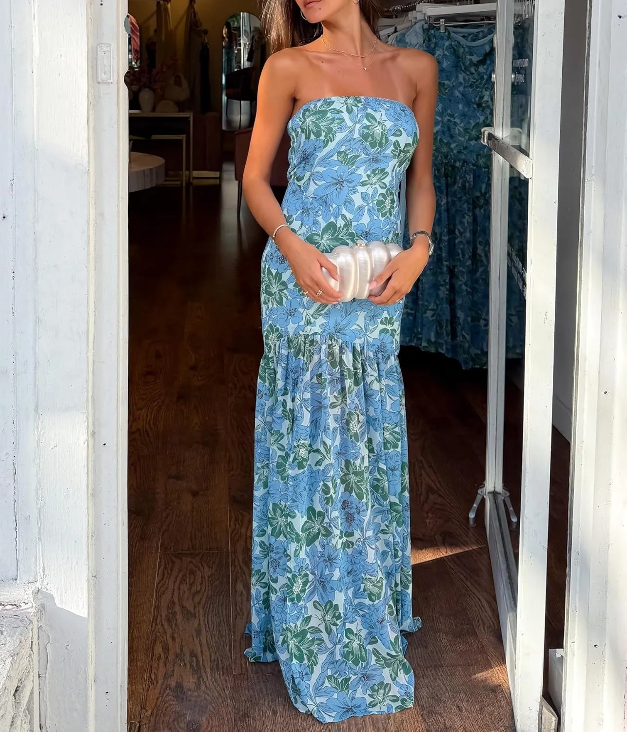 Womens Strapless Maxi Dress Floral Mesh Backless Bodycon Tube Long Dress Sexy Ruched Flowy Split Evening Gowns