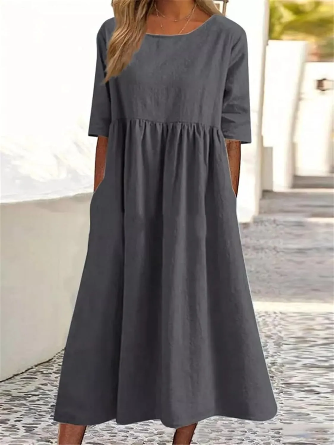 Womens Summer Midi Cotton Linen Ruched Dress, Casual A-line Empire Waist Elegant Modest Half Sleeve Long Dresses with Pockets