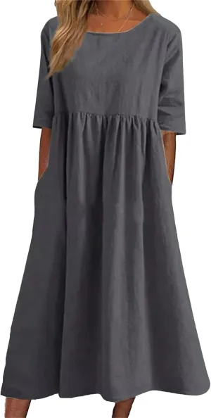 Womens Summer Midi Cotton Linen Ruched Dress, Casual A-line Empire Waist Elegant Modest Half Sleeve Long Dresses with Pockets