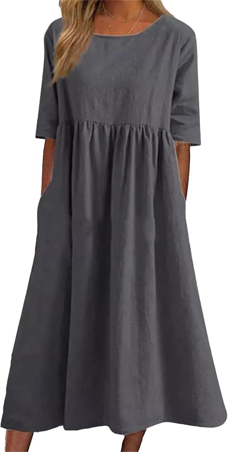 Womens Summer Midi Cotton Linen Ruched Dress, Casual A-line Empire Waist Elegant Modest Half Sleeve Long Dresses with Pockets