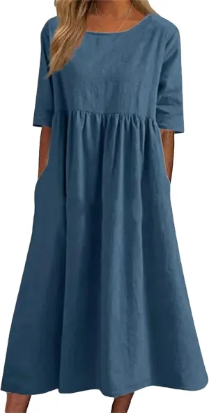 Womens Summer Midi Cotton Linen Ruched Dress, Casual A-line Empire Waist Elegant Modest Half Sleeve Long Dresses with Pockets