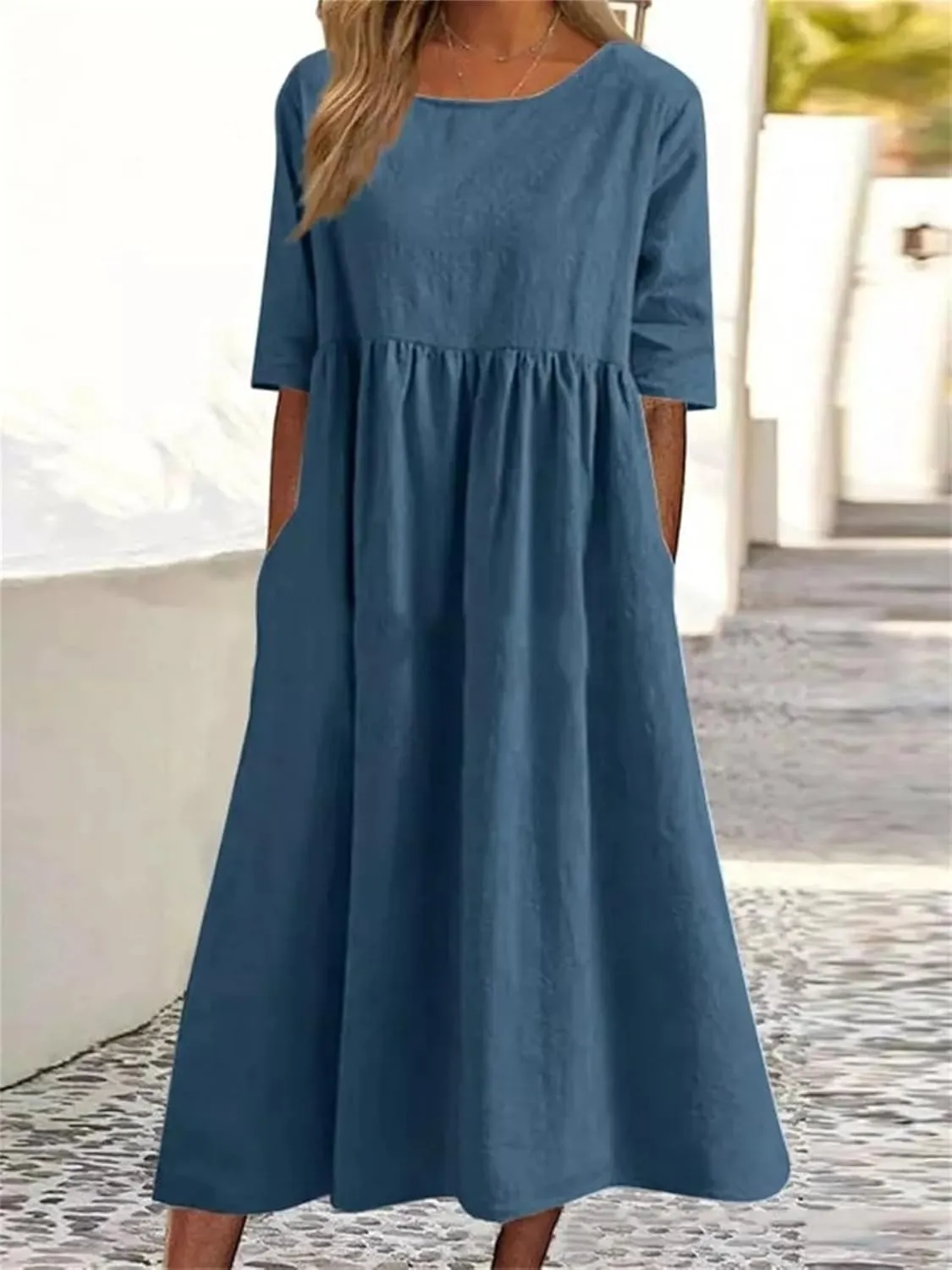 Womens Summer Midi Cotton Linen Ruched Dress, Casual A-line Empire Waist Elegant Modest Half Sleeve Long Dresses with Pockets