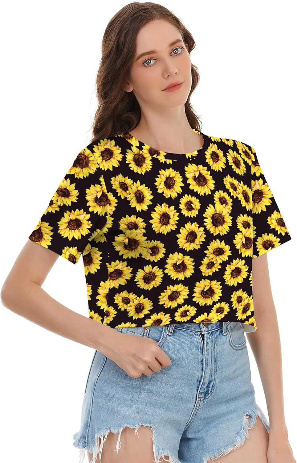 Womens Summer Sexy Crop Tops Oversized Floral Print Graphic Geometric Cropped T Shirts