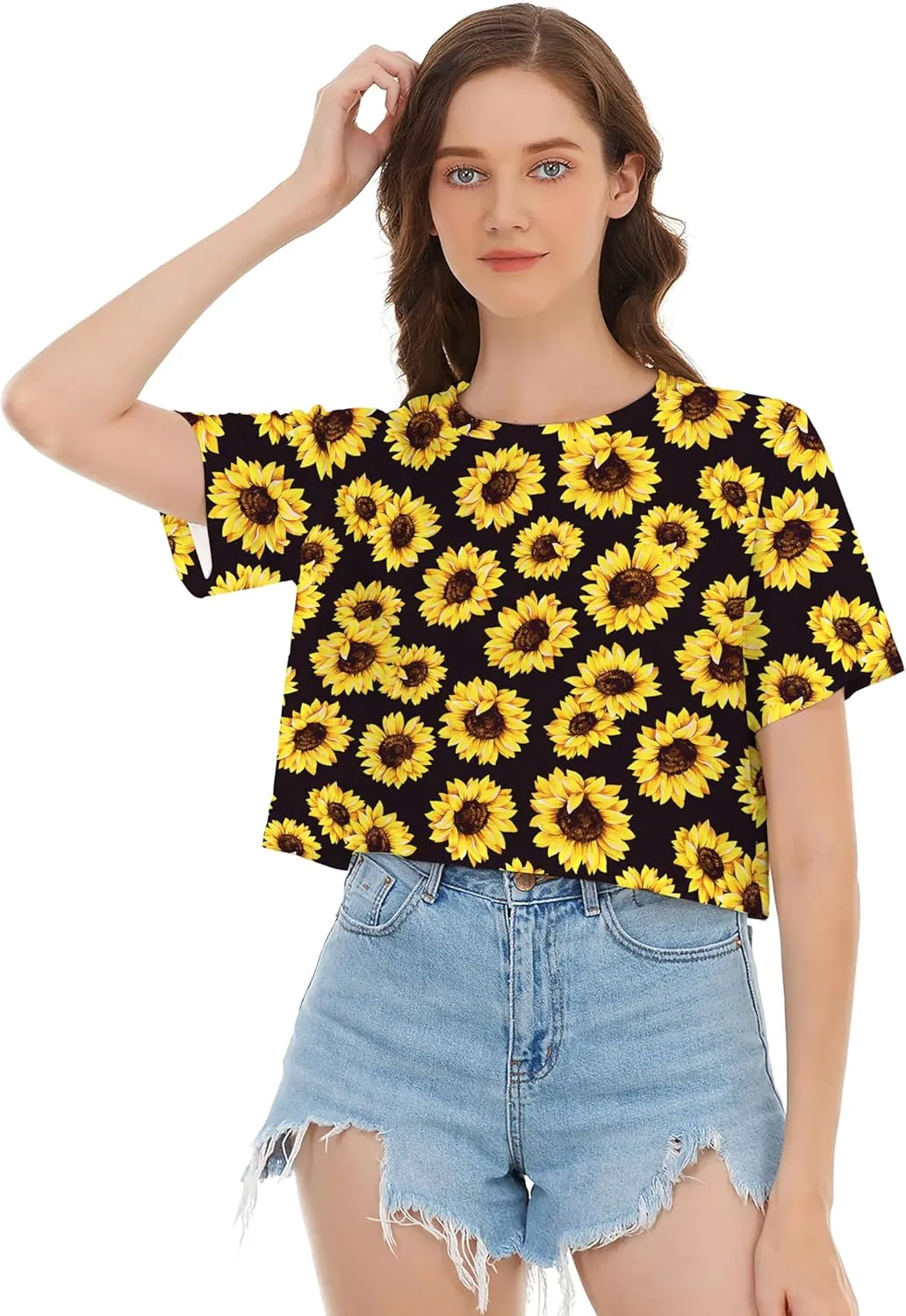 Womens Summer Sexy Crop Tops Oversized Floral Print Graphic Geometric Cropped T Shirts