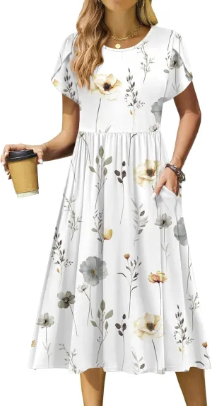 Zeagoo Women Summer Short Sleeve Midi Dress with Pockets Casual Aline Flowy Tshirt Dress Floral Vocation Beach Sundress