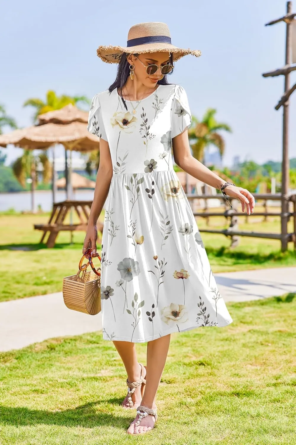 Zeagoo Women Summer Short Sleeve Midi Dress with Pockets Casual Aline Flowy Tshirt Dress Floral Vocation Beach Sundress