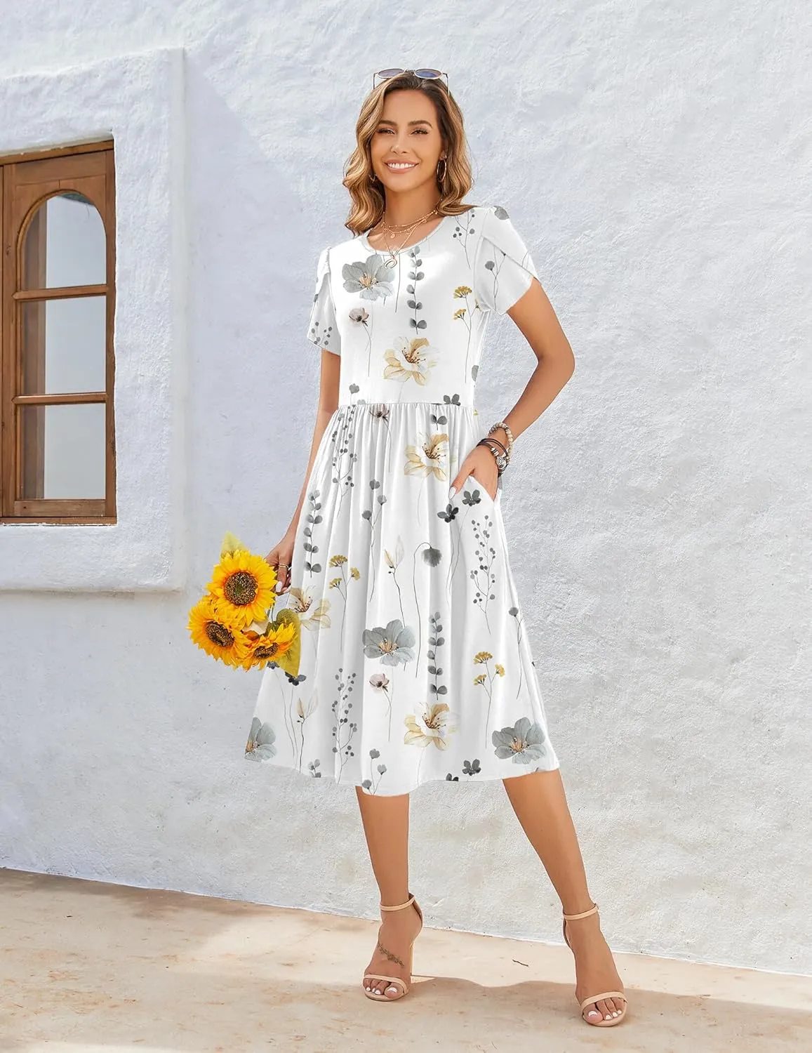 Zeagoo Women Summer Short Sleeve Midi Dress with Pockets Casual Aline Flowy Tshirt Dress Floral Vocation Beach Sundress