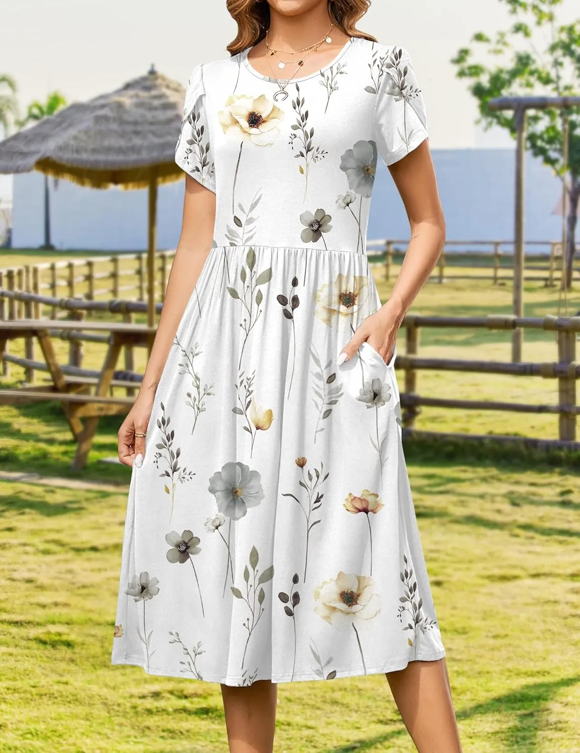 Zeagoo Women Summer Short Sleeve Midi Dress with Pockets Casual Aline Flowy Tshirt Dress Floral Vocation Beach Sundress