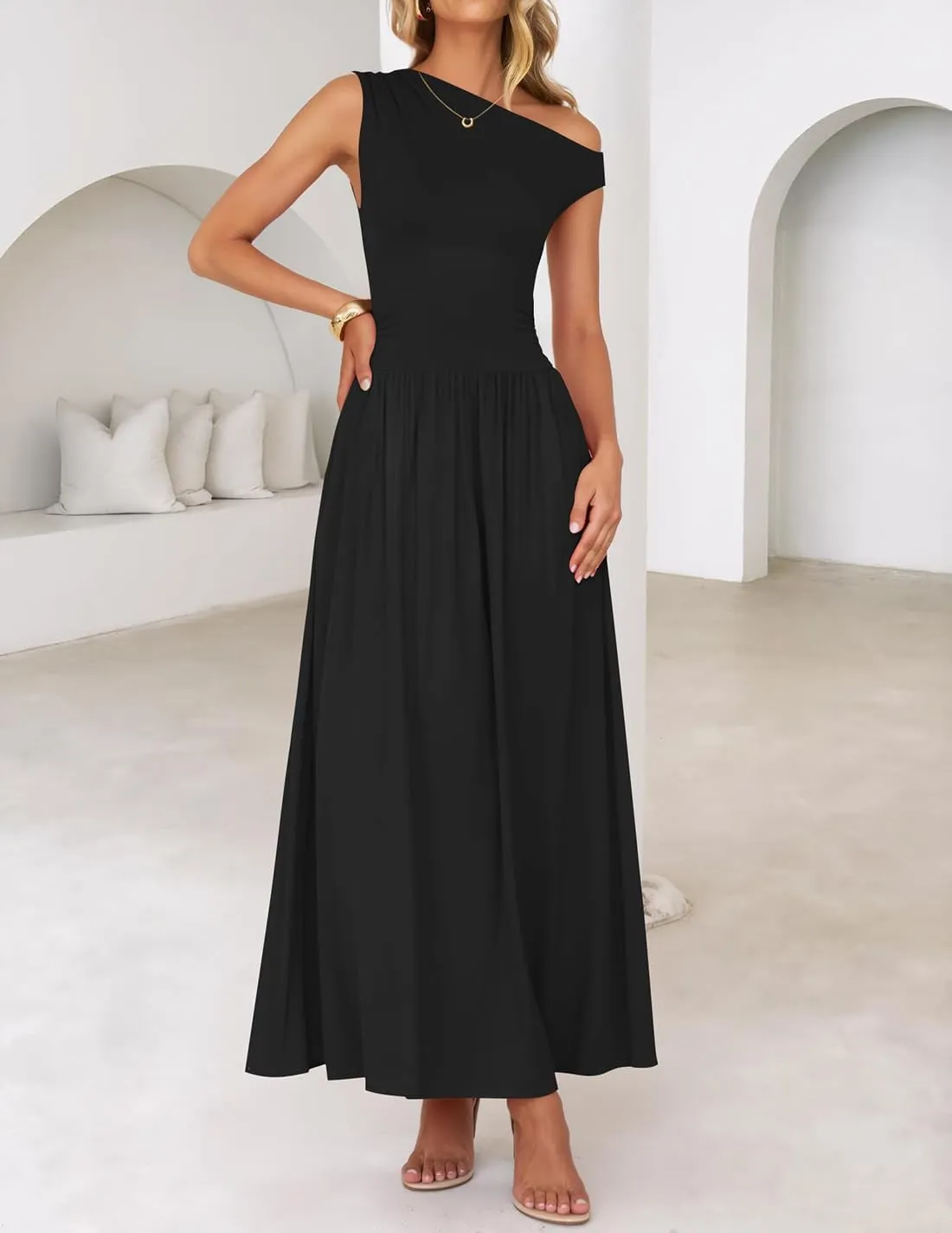 ZESICA Women's Summer 2025 Sleeveless Maxi Dress One Shoulder Casual Slim Swing Pleated Formal Dresses with Pockets