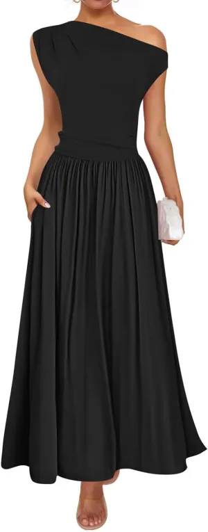 ZESICA Women's Summer 2025 Sleeveless Maxi Dress One Shoulder Casual Slim Swing Pleated Formal Dresses with Pockets