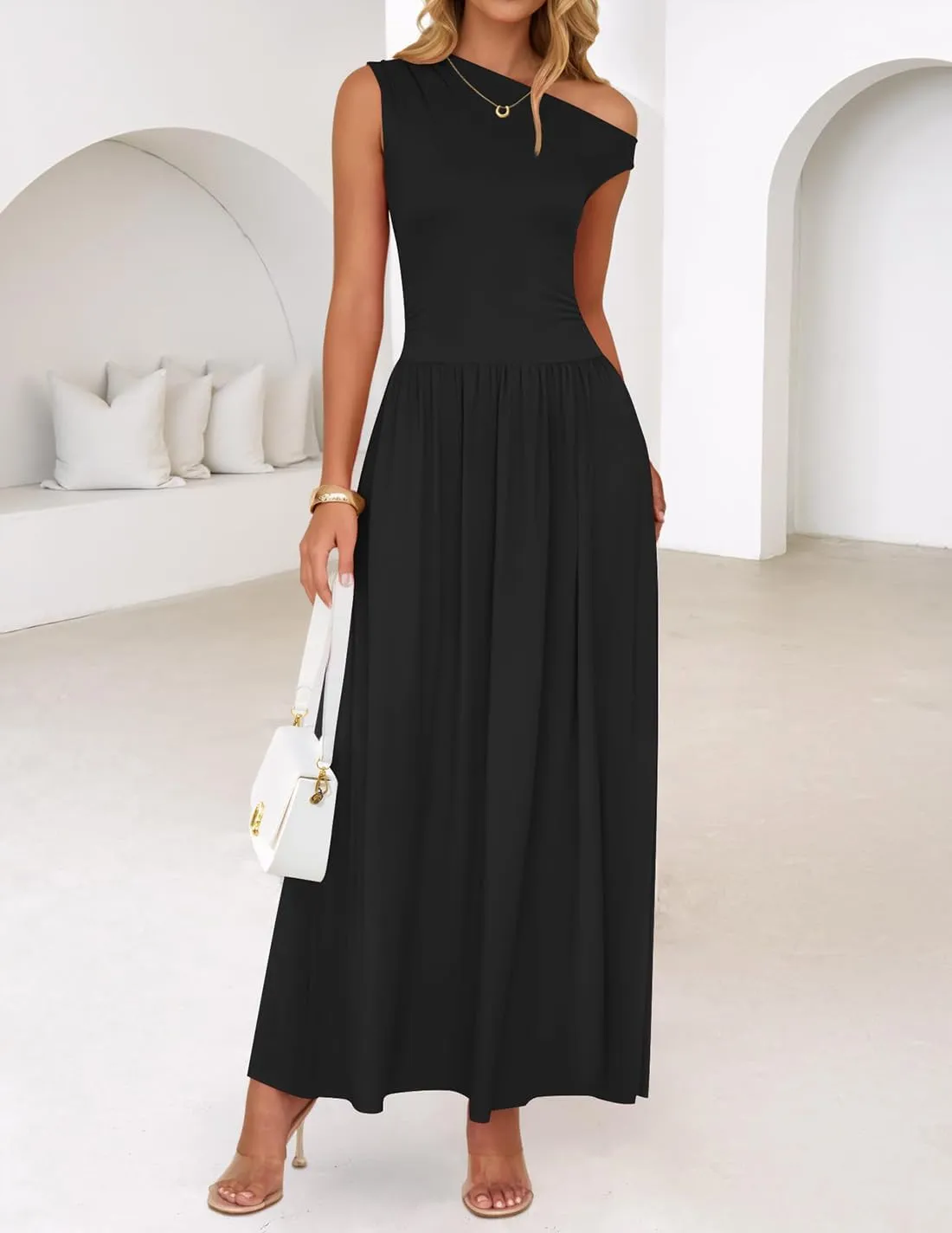 ZESICA Women's Summer 2025 Sleeveless Maxi Dress One Shoulder Casual Slim Swing Pleated Formal Dresses with Pockets