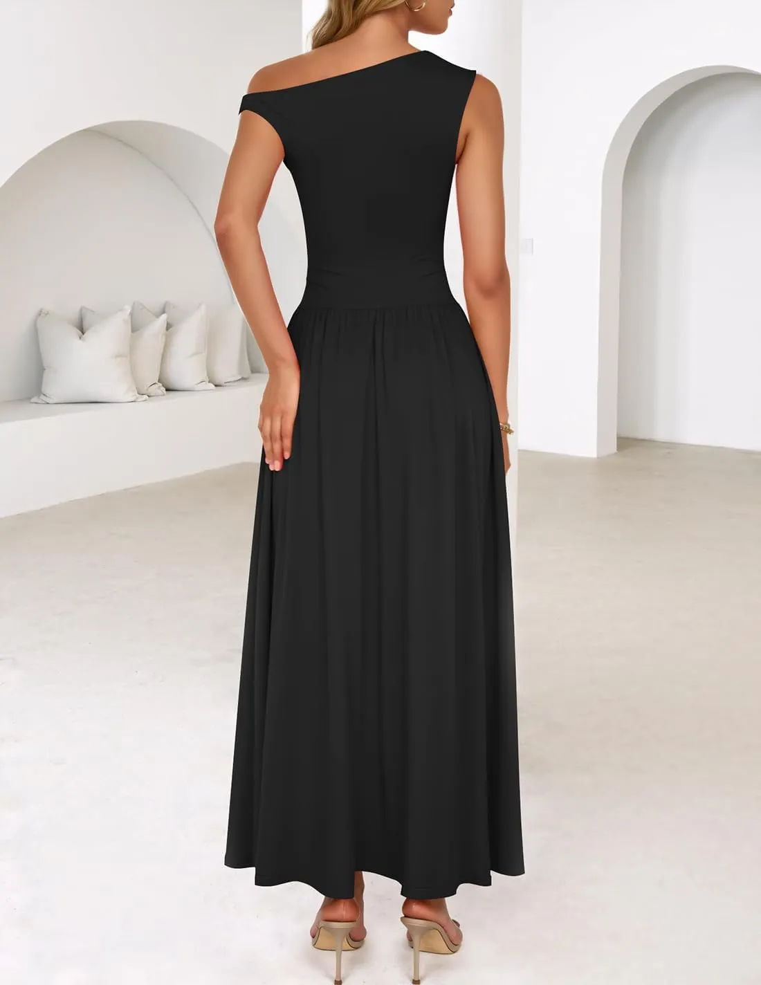 ZESICA Women's Summer 2025 Sleeveless Maxi Dress One Shoulder Casual Slim Swing Pleated Formal Dresses with Pockets