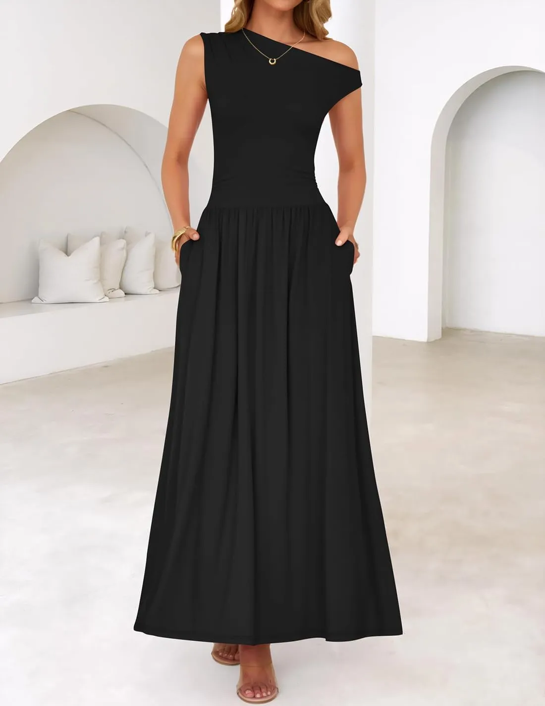 ZESICA Women's Summer 2025 Sleeveless Maxi Dress One Shoulder Casual Slim Swing Pleated Formal Dresses with Pockets