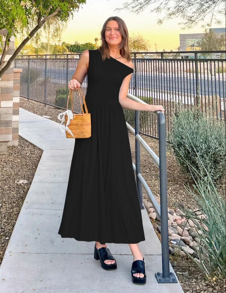 ZESICA Women's Summer 2025 Sleeveless Maxi Dress One Shoulder Casual Slim Swing Pleated Formal Dresses with Pockets
