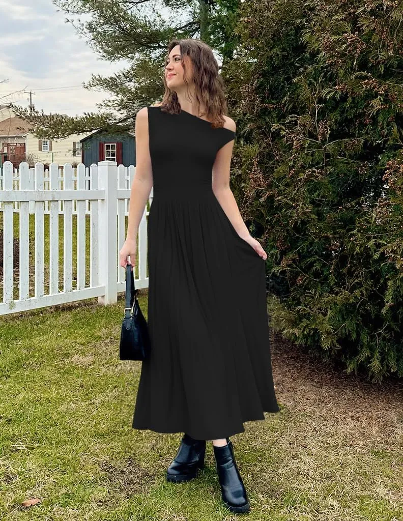 ZESICA Women's Summer 2025 Sleeveless Maxi Dress One Shoulder Casual Slim Swing Pleated Formal Dresses with Pockets